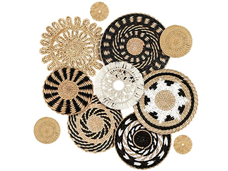 ديكور سلة الحائط المنسوجة البوهيمية سلال مسطحة مزخرفة يدويًا كبيرة