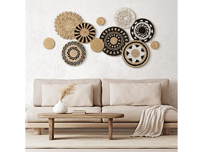 ديكور سلة الحائط المنسوجة البوهيمية سلال مسطحة مزخرفة يدويًا كبيرة