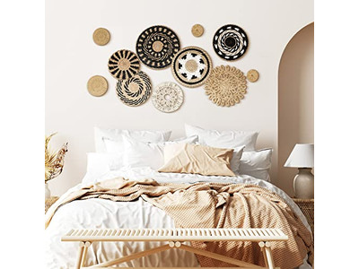 ديكور سلة الحائط المنسوجة البوهيمية سلال مسطحة مزخرفة يدويًا كبيرة